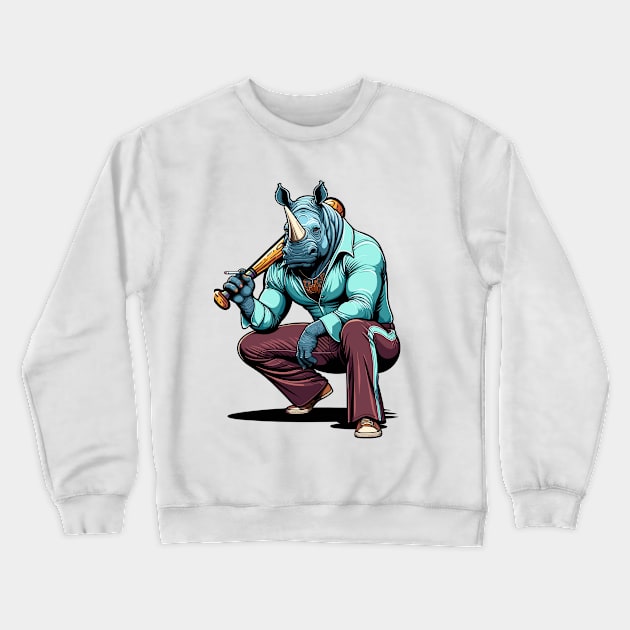 Retro Rebel: 70s Fashion rhino with baseball batters Crewneck Sweatshirt by TimeWarpWildlife